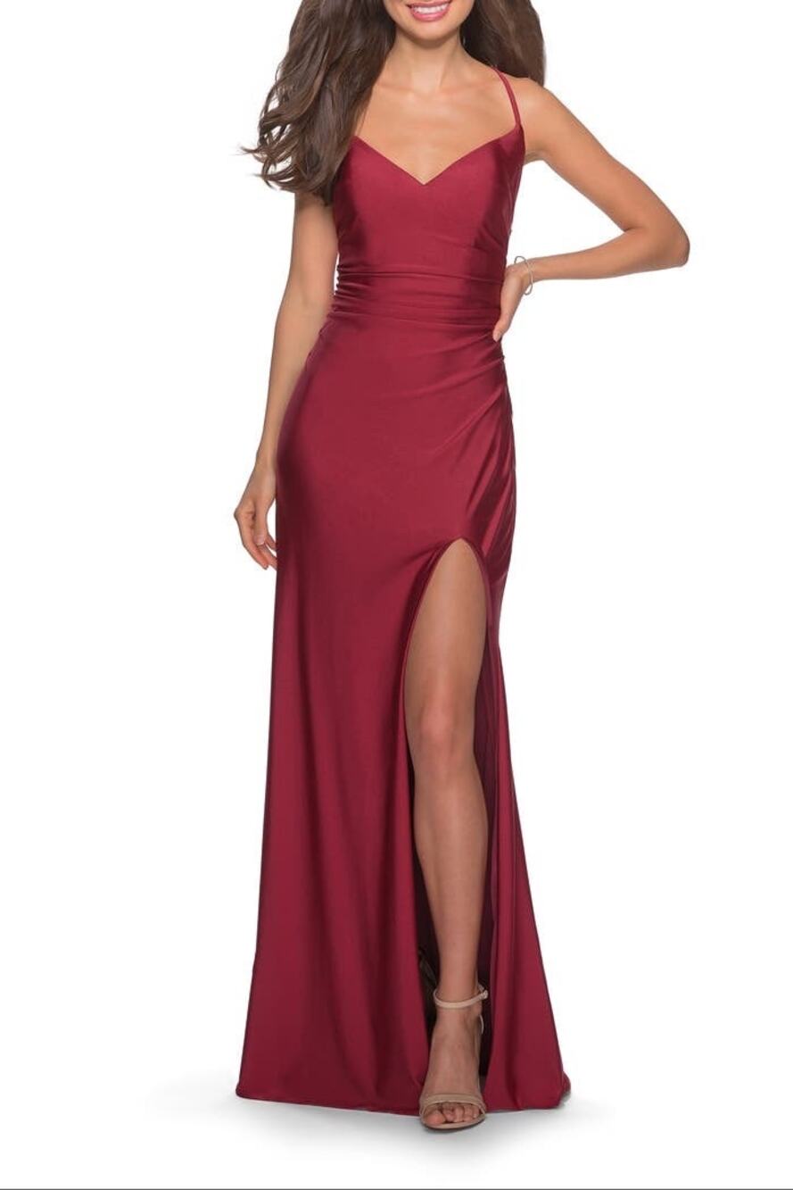 La Femme Red Long Jersey Prom Gown Formal Slit Criss Cross Back Size 6